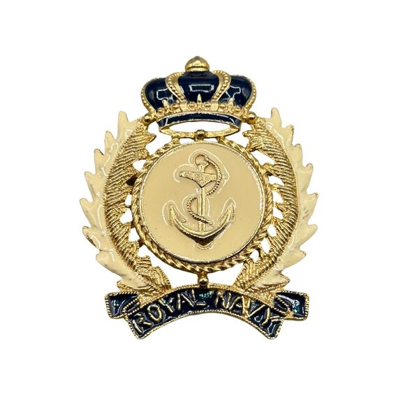 Vintage Royal Navy Enamel Pin Crown Brooch Badge Signed CRAFT Gold Tone 2.5" - Picture 1 of 8